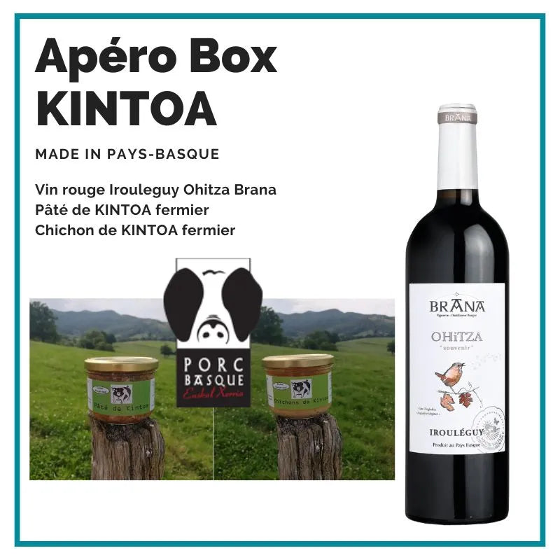 Box apéro Kintoa: Paté de Kintoa und Chichon de Kintoa und eine Flasche Rotwein irrouleguy Bana Ohiitza