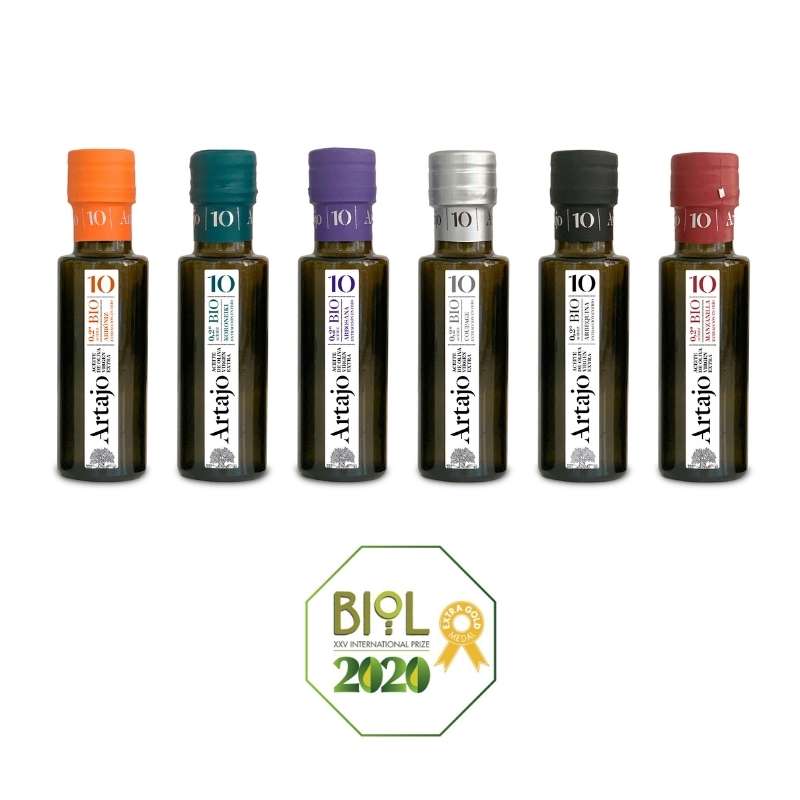Zusammensetzung des Probierpakets für natives Olivenöl extra aus biologischem Anbau Artajo 10